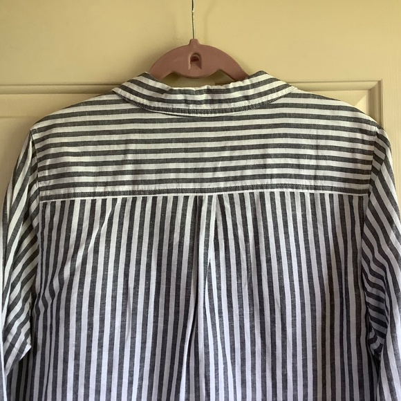 Rachel Hollis Woven Linen Striped Henley Shirt Grey White SZ 14 - Picture 8 of 16